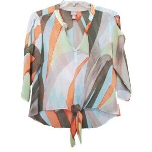 Chico's Sheer Chiffon Geo Print Slit-Sleeve Split-Neck Tie-Waist Blouse 2 Large